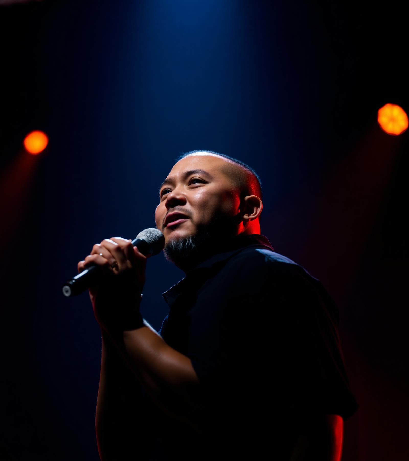 A Tongan Idol contestant performing under a stage spotlight